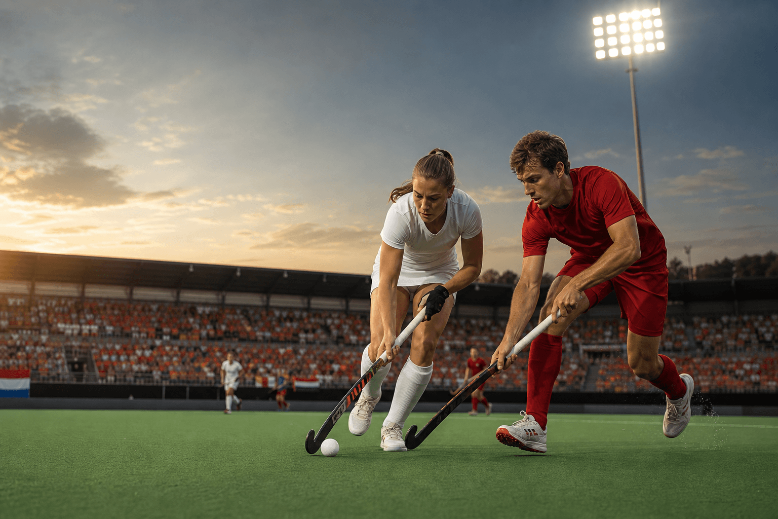 Hockeyspieler und Hockeyspielerin im Zweikampf